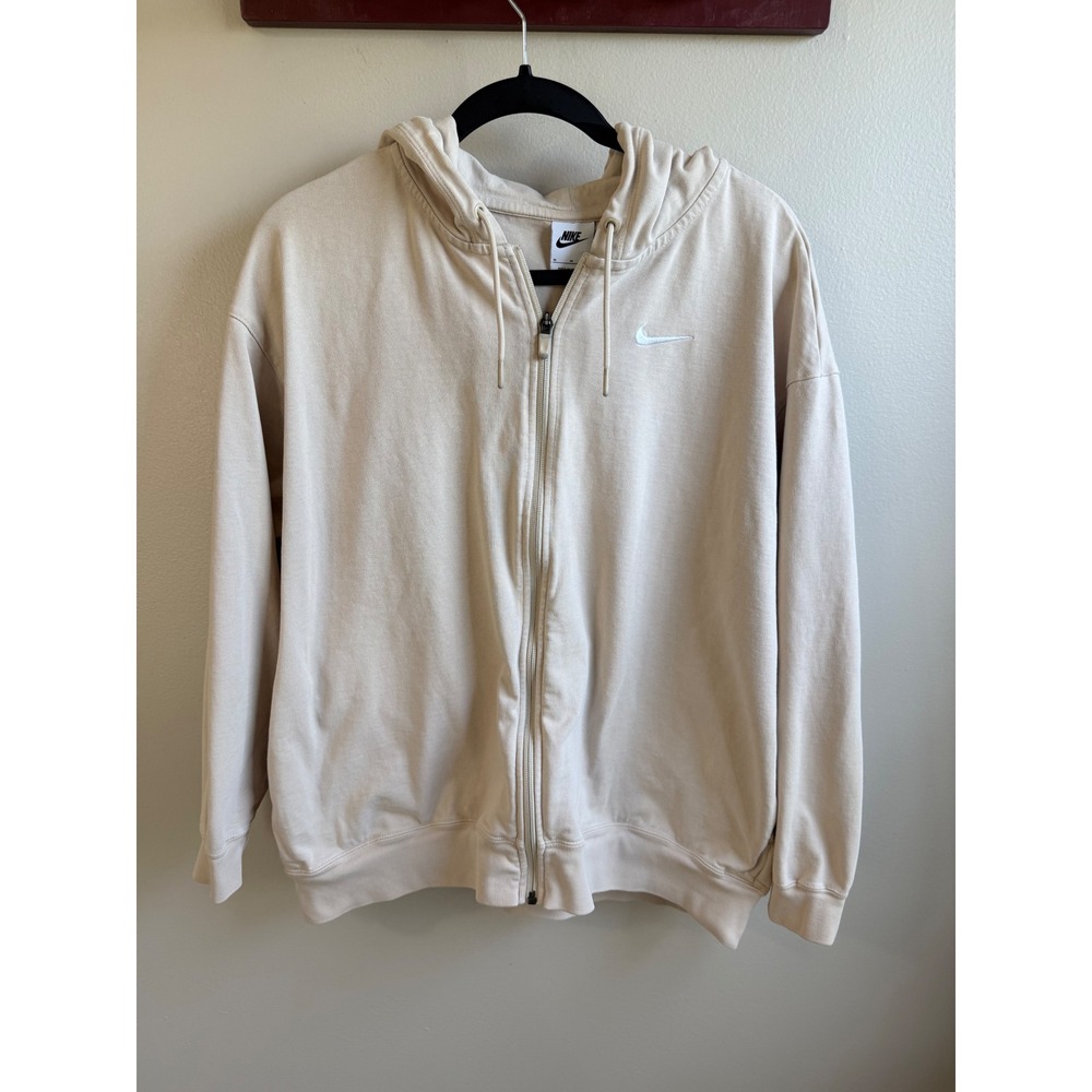 Nike Mens Beige Tan Full Zip Hoodie Cotton Embroidered Swoosh Size Medium